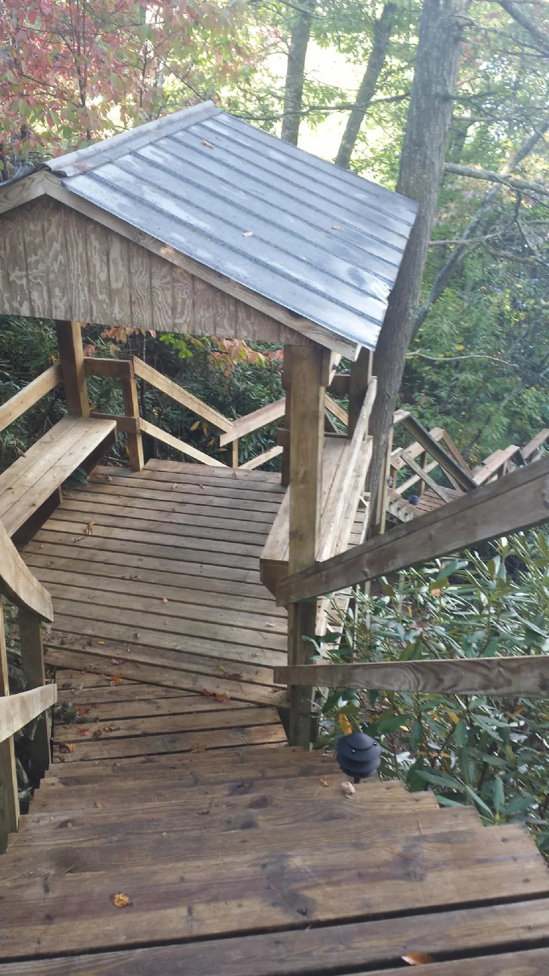 Metal roofed shelter over wooden steps on a wooded walkway — Skylight Repair & Installation work by our crew in Helena